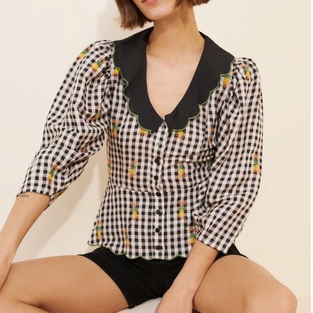 Farm Rio Linen Gingham Pineapple Embroidered Scallop Peplum Top M Tropical Boho